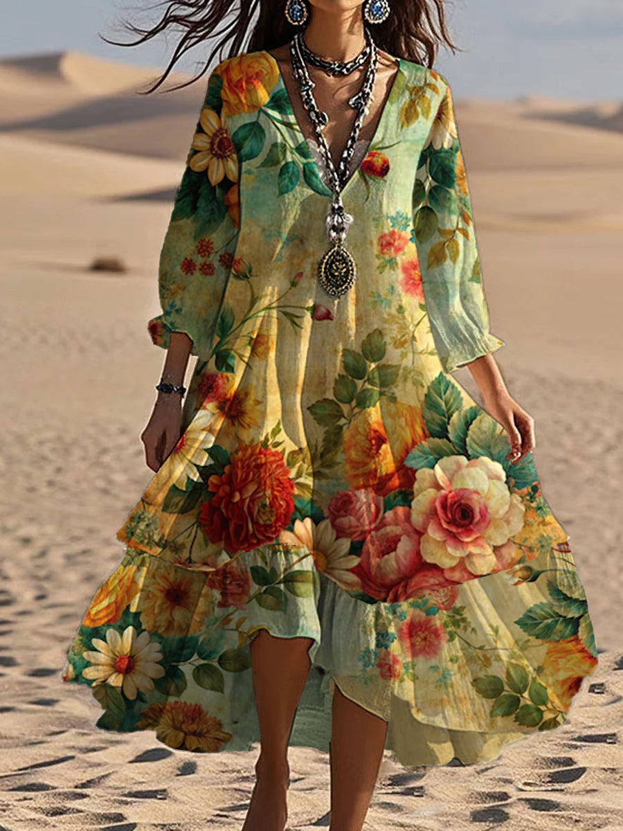 Aida - Elegant Floral Print Midi Dress